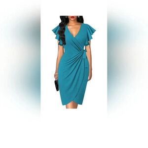 Oten NWT Wrap Style  Flutter Sleeve Blue Mini Dress Size XL